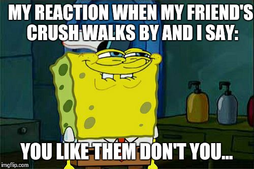 Don't You Squidward Meme | MY REACTION WHEN MY FRIEND'S CRUSH WALKS BY AND I SAY: YOU LIKE THEM DON'T YOU... | image tagged in memes,dont you squidward | made w/ Imgflip meme maker