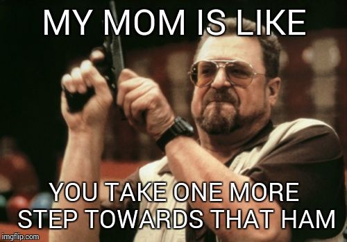 Am I The Only One Around Here Meme | MY MOM IS LIKE YOU TAKE ONE MORE STEP TOWARDS THAT HAM | image tagged in memes,am i the only one around here | made w/ Imgflip meme maker