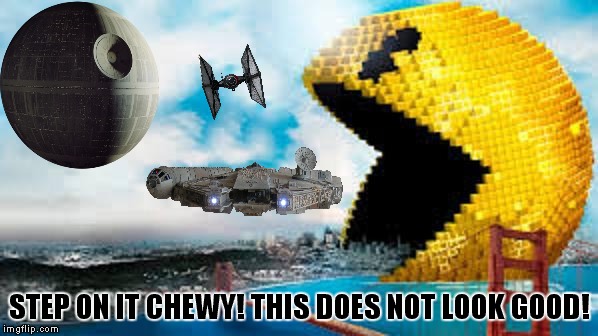 When worlds collide | STEP ON IT CHEWY! THIS DOES NOT LOOK GOOD! | image tagged in star wars,pacman,millennium falcon,funny | made w/ Imgflip meme maker