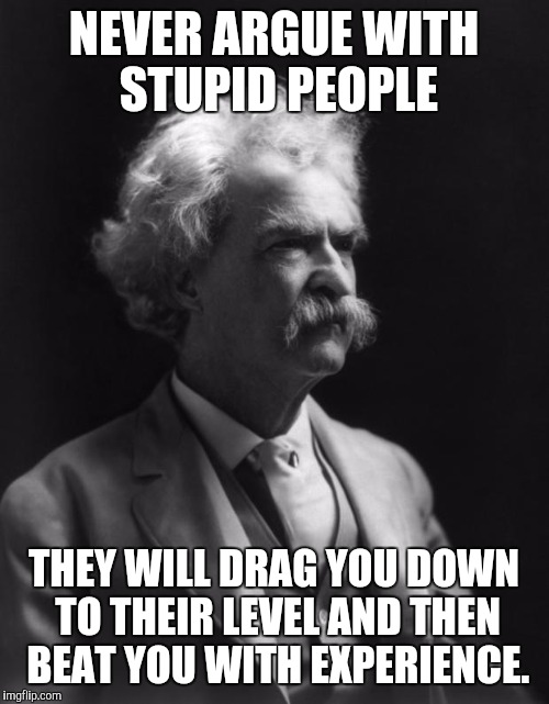 And Twain never even saw the internet! | NEVER ARGUE WITH STUPID PEOPLE THEY WILL DRAG YOU DOWN TO THEIR LEVEL AND THEN BEAT YOU WITH EXPERIENCE. | image tagged in mark twain thought | made w/ Imgflip meme maker