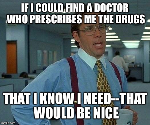 Doctors who listen to their patients know best | IF I COULD FIND A DOCTOR WHO PRESCRIBES ME THE DRUGS THAT I KNOW I NEED--THAT WOULD BE NICE | image tagged in memes,that would be great | made w/ Imgflip meme maker