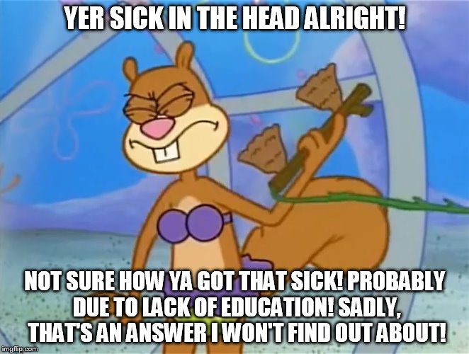 Yer Sick In The Head | YER SICK IN THE HEAD ALRIGHT! NOT SURE HOW YA GOT THAT SICK! PROBABLY DUE TO LACK OF EDUCATION! SADLY, THAT'S AN ANSWER I WON'T FIND OUT ABO | image tagged in sandy cheeks i didn't know that,memes,spongebob squarepants,funny,purple bikini | made w/ Imgflip meme maker
