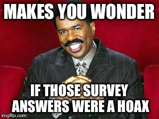 Steve Harvey Announces | MAKES YOU WONDER IF THOSE SURVEY ANSWERS WERE A HOAX | image tagged in steve harvey announces | made w/ Imgflip meme maker