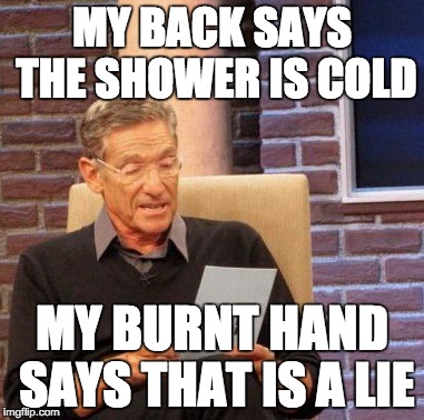 Maury Lie Detector Meme | MY BACK SAYS THE SHOWER IS COLD MY BURNT HAND SAYS THAT IS A LIE | image tagged in memes,maury lie detector | made w/ Imgflip meme maker
