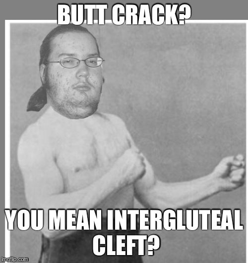 Overly nerdy nerd | BUTT CRACK? YOU MEAN INTERGLUTEAL CLEFT? | image tagged in overly nerdy nerd | made w/ Imgflip meme maker