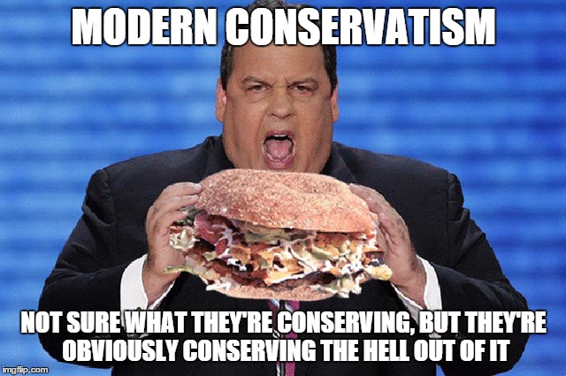 Christie Sandwich | MODERN CONSERVATISM NOT SURE WHAT THEY'RE CONSERVING, BUT THEY'RE OBVIOUSLY CONSERVING THE HELL OUT OF IT | image tagged in christie sandwich | made w/ Imgflip meme maker