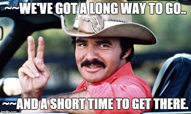 Burt Reynolds | ~~WE'VE GOT A LONG WAY TO GO.. ~~AND A SHORT TIME TO GET THERE. | image tagged in burt reynolds | made w/ Imgflip meme maker