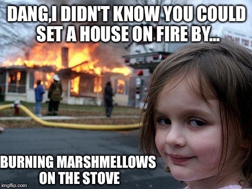 Disaster Girl Meme | DANG,I DIDN'T KNOW YOU COULD SET A HOUSE ON FIRE BY... BURNING MARSHMELLOWS ON THE STOVE | image tagged in memes,disaster girl | made w/ Imgflip meme maker