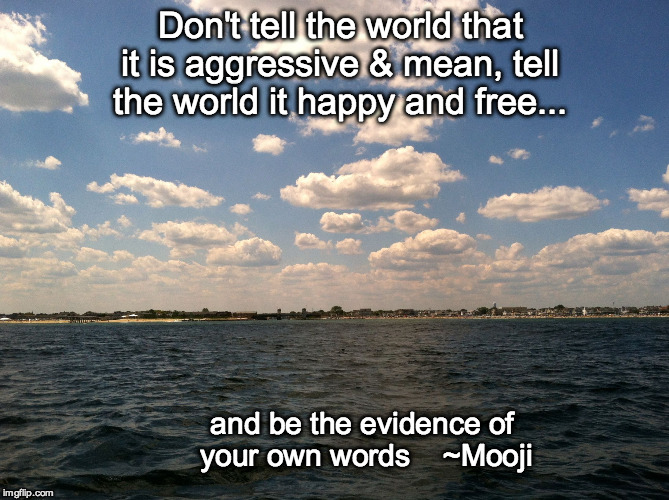 happy n free | Don't tell the world that it is aggressive & mean, tell the world it happy and free... and be the evidence of your own words  ~Mooji | image tagged in skyseamoojisay | made w/ Imgflip meme maker