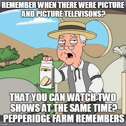 Pepperidge Farm Remembers | REMEMBER WHEN THERE WERE PICTURE AND PICTURE TELEVISONS? THAT YOU CAN WATCH TWO SHOWS AT THE SAME TIME? PEPPERIDGE FARM REMEMBERS | image tagged in memes,pepperidge farm remembers | made w/ Imgflip meme maker