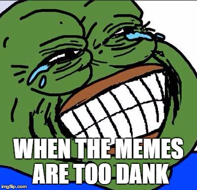 Laughing PEPE | WHEN THE MEMES ARE TOO DANK | image tagged in laughing pepe,dank,dank meme,pepe the frog,420,420 blaze it | made w/ Imgflip meme maker