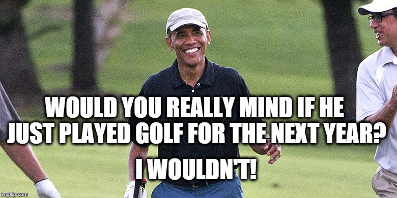 OK with me if he just played Golf for a year! | I WOULDN'T! WOULD YOU REALLY MIND IF HE JUST PLAYED GOLF FOR THE NEXT YEAR? | image tagged in obama,politics,political,meme | made w/ Imgflip meme maker