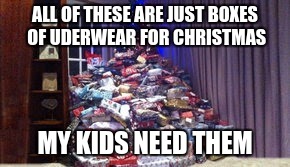 kids need undies  | ALL OF THESE ARE JUST BOXES OF UDERWEAR FOR CHRISTMAS MY KIDS NEED THEM | image tagged in christmas,memes,funny,underwear | made w/ Imgflip meme maker