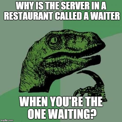 Philosoraptor Meme | WHY IS THE SERVER IN A RESTAURANT CALLED A WAITER WHEN YOU'RE THE ONE WAITING? | image tagged in memes,philosoraptor | made w/ Imgflip meme maker