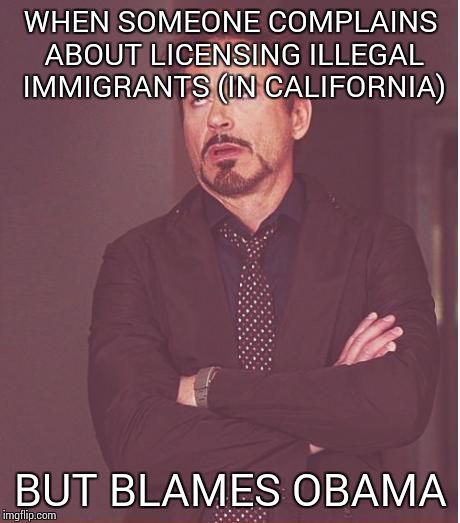 Face You Make Robert Downey Jr Meme | WHEN SOMEONE COMPLAINS ABOUT LICENSING ILLEGAL IMMIGRANTS (IN CALIFORNIA) BUT BLAMES OBAMA | image tagged in memes,face you make robert downey jr | made w/ Imgflip meme maker