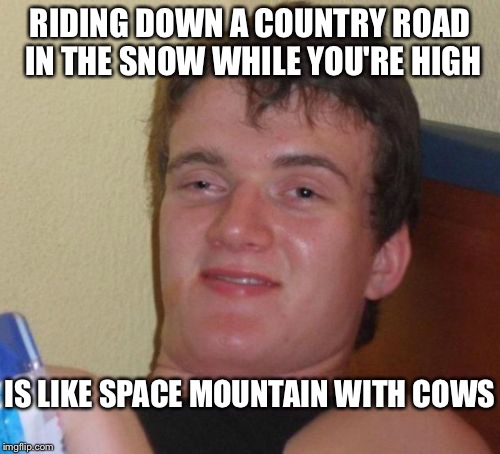 10 Guy | RIDING DOWN A COUNTRY ROAD IN THE SNOW WHILE YOU'RE HIGH IS LIKE SPACE MOUNTAIN WITH COWS | image tagged in memes,10 guy | made w/ Imgflip meme maker