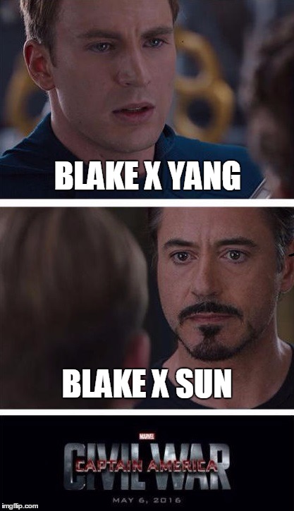 rwby shippers | BLAKE X YANG BLAKE X SUN | image tagged in marvel,rwby,rooster teeth,memes,anime | made w/ Imgflip meme maker
