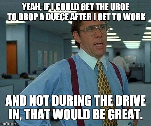 That Would Be Great | YEAH, IF I COULD GET THE URGE TO DROP A DUECE AFTER I GET TO WORK AND NOT DURING THE DRIVE IN, THAT WOULD BE GREAT. | image tagged in memes,that would be great | made w/ Imgflip meme maker