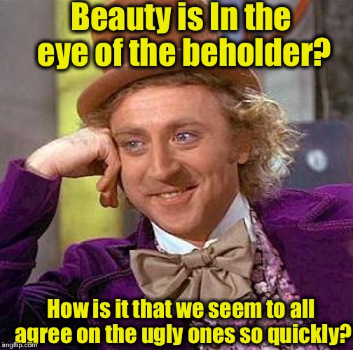 Just another deep and hurtful thought from your friendly neighborhood EvilmandoEvil..... | Beauty is In the eye of the beholder? How is it that we seem to all agree on the ugly ones so quickly? | image tagged in memes,creepy condescending wonka | made w/ Imgflip meme maker