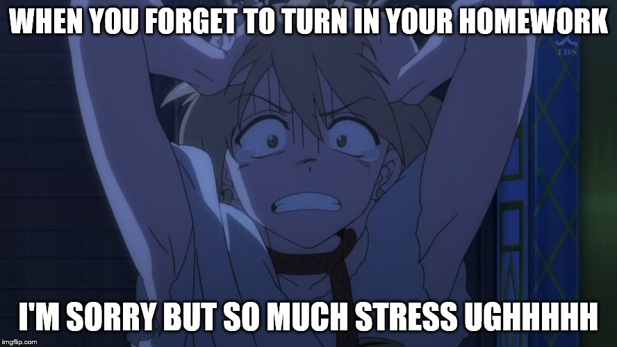 when you forget your homework | WHEN YOU FORGET TO TURN IN YOUR HOMEWORK I'M SORRY BUT SO MUCH STRESS UGHHHHH | image tagged in homework | made w/ Imgflip meme maker