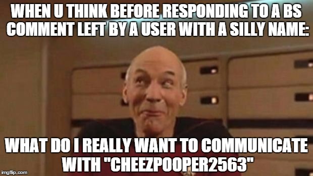 Picard Silly | WHEN U THINK BEFORE RESPONDING TO A BS COMMENT LEFT BY A USER WITH A SILLY NAME: WHAT DO I REALLY WANT TO COMMUNICATE WITH "CHEEZPOOPER2563" | image tagged in picard silly | made w/ Imgflip meme maker