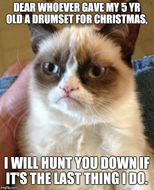 Grumpy Cat Meme | DEAR WHOEVER GAVE MY 5 YR OLD A DRUMSET FOR CHRISTMAS, I WILL HUNT YOU DOWN IF IT'S THE LAST THING I DO. | image tagged in memes,grumpy cat | made w/ Imgflip meme maker