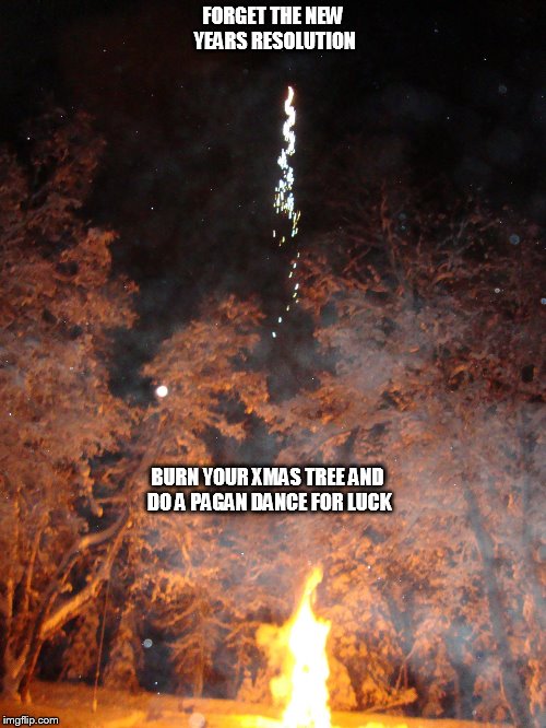 FORGET THE NEW YEARS RESOLUTION BURN YOUR XMAS TREE AND DO A PAGAN DANCE FOR LUCK | image tagged in xmasburn | made w/ Imgflip meme maker