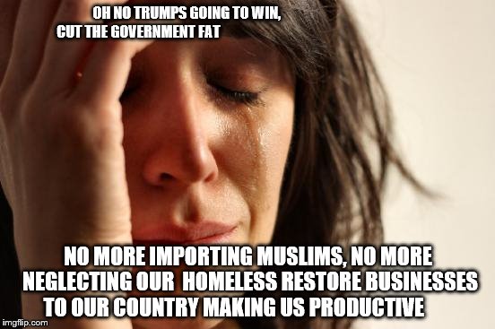 First World Problems | OH NO TRUMPS GOING TO WIN,










































                CUT THE GOVERNMENT FAT NO MORE IMPORTING MUSLIMS, NO MO | image tagged in memes,first world problems | made w/ Imgflip meme maker