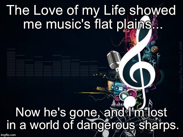 Musicnotes | The Love of my Life showed me music's flat plains... Now he's gone, and I'm lost in a world of dangerous sharps. | image tagged in musicnotes | made w/ Imgflip meme maker