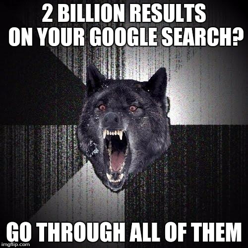 Insanity Wolf | 2 BILLION RESULTS ON YOUR GOOGLE SEARCH? GO THROUGH ALL OF THEM | image tagged in memes,insanity wolf | made w/ Imgflip meme maker