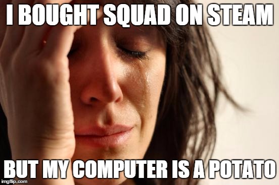 First World Problems | I BOUGHT SQUAD ON STEAM BUT MY COMPUTER IS A POTATO | image tagged in memes,first world problems | made w/ Imgflip meme maker