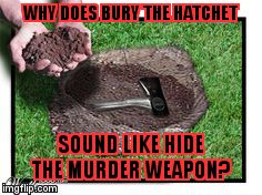 That Sounds Like Something An Idiom Would Say. | WHY DOES BURY THE HATCHET SOUND LIKE HIDE THE MURDER WEAPON? | image tagged in squash the beef,don't sweat the small stuff,enjoy the little things,murder she wrote | made w/ Imgflip meme maker