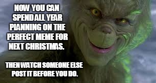 NOW YOU CAN SPEND ALL YEAR PLANNING ON THE PERFECT MEME FOR NEXT CHRISTMAS. THEN WATCH SOMEONE ELSE POST IT BEFORE YOU DO. | made w/ Imgflip meme maker