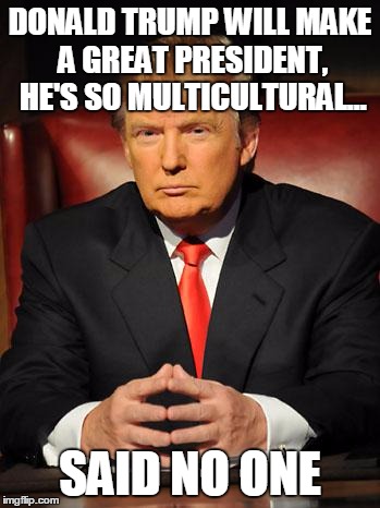 Serious Trump | DONALD TRUMP WILL MAKE A GREAT PRESIDENT, HE'S SO MULTICULTURAL... SAID NO ONE | image tagged in serious trump | made w/ Imgflip meme maker