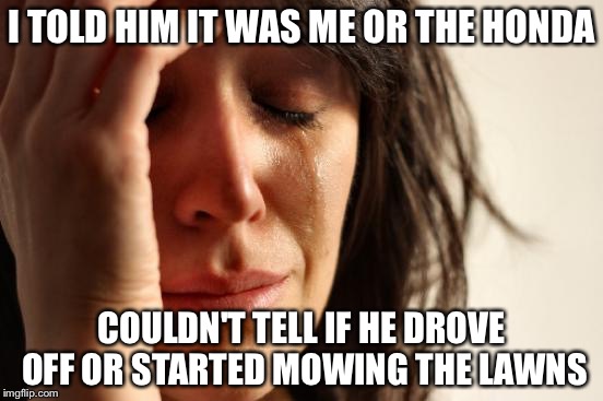 First World Problems | I TOLD HIM IT WAS ME OR THE HONDA COULDN'T TELL IF HE DROVE OFF OR STARTED MOWING THE LAWNS | image tagged in memes,first world problems | made w/ Imgflip meme maker