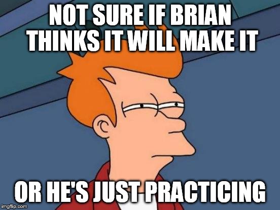 Futurama Fry Meme | NOT SURE IF BRIAN THINKS IT WILL MAKE IT OR HE'S JUST PRACTICING | image tagged in memes,futurama fry | made w/ Imgflip meme maker