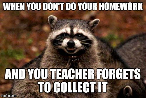 Evil Plotting Raccoon Meme | WHEN YOU DON'T DO YOUR HOMEWORK AND YOU TEACHER FORGETS TO COLLECT IT | image tagged in memes,evil plotting raccoon | made w/ Imgflip meme maker