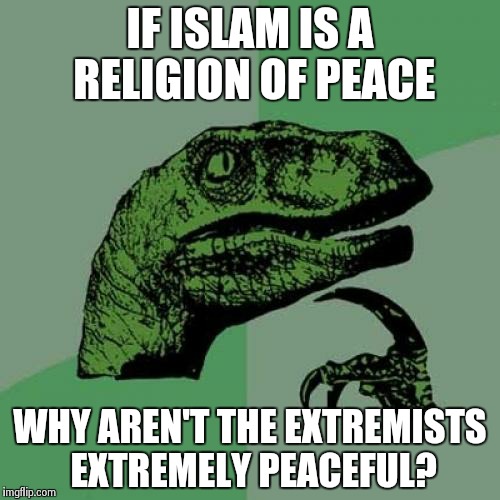 Philosoraptor Meme | IF ISLAM IS A RELIGION OF PEACE WHY AREN'T THE EXTREMISTS EXTREMELY PEACEFUL? | image tagged in memes,philosoraptor | made w/ Imgflip meme maker
