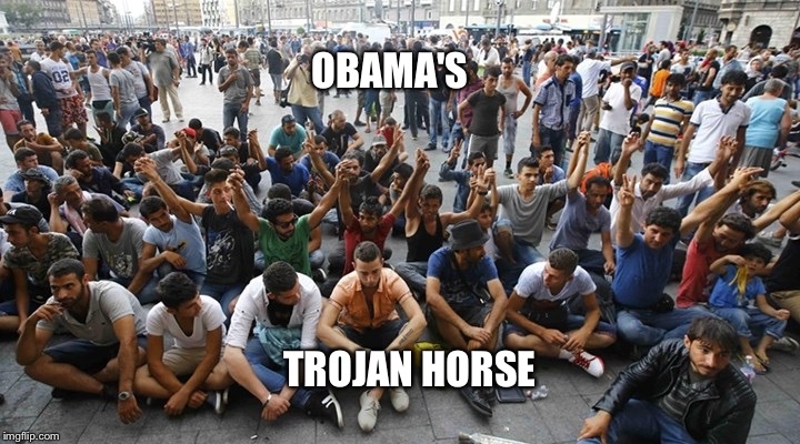 free stuff refugees | OBAMA'S TROJAN HORSE | image tagged in free stuff refugees | made w/ Imgflip meme maker