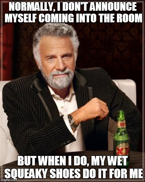 The Most Interesting Man In The World | NORMALLY, I DON'T ANNOUNCE MYSELF COMING INTO THE ROOM BUT WHEN I DO, MY WET SQUEAKY SHOES DO IT FOR ME | image tagged in memes,the most interesting man in the world | made w/ Imgflip meme maker
