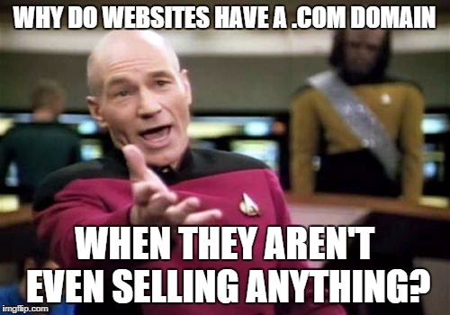 Picard Wtf | WHY DO WEBSITES HAVE A .COM DOMAIN WHEN THEY AREN'T EVEN SELLING ANYTHING? | image tagged in memes,picard wtf | made w/ Imgflip meme maker