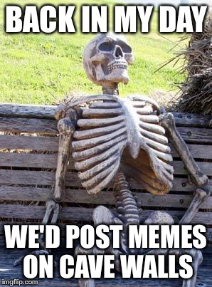 Waiting Skeleton Meme | BACK IN MY DAY WE'D POST MEMES ON CAVE WALLS | image tagged in memes,waiting skeleton | made w/ Imgflip meme maker
