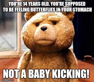 TED Meme | YOU'RE 14 YEARS OLD. YOU'RE SUPPOSED TO BE FEELING BUTTERFLIES IN YOUR STOMACH NOT A BABY KICKING! | image tagged in memes,ted | made w/ Imgflip meme maker