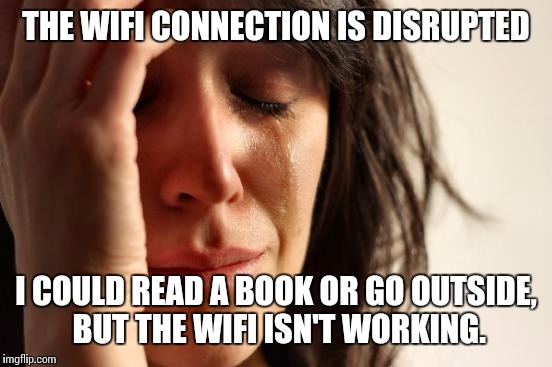 First World Problems Meme | THE WIFI CONNECTION IS DISRUPTED I COULD READ A BOOK OR GO OUTSIDE, BUT THE WIFI ISN'T WORKING. | image tagged in memes,first world problems | made w/ Imgflip meme maker