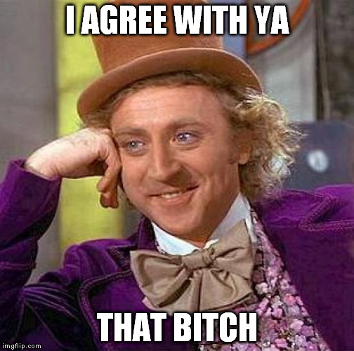 Creepy Condescending Wonka Meme | I AGREE WITH YA THAT B**CH | image tagged in memes,creepy condescending wonka | made w/ Imgflip meme maker