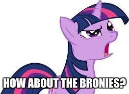 Confused Twilight Sparkle | HOW ABOUT THE BRONIES? | image tagged in confused twilight sparkle | made w/ Imgflip meme maker
