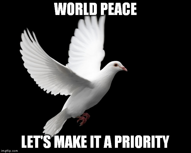 world peace | WORLD PEACE LET'S MAKE IT A PRIORITY | image tagged in dove pigeon love peace happiness | made w/ Imgflip meme maker
