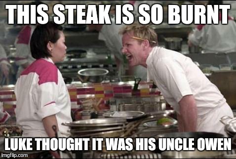 Angry Chef Gordon Ramsay | THIS STEAK IS SO BURNT LUKE THOUGHT IT WAS HIS UNCLE OWEN | image tagged in memes,angry chef gordon ramsay | made w/ Imgflip meme maker