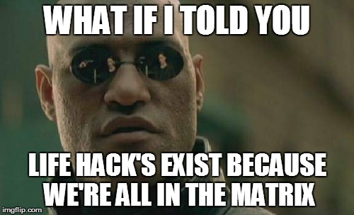 Matrix Morpheus | WHAT IF I TOLD YOU LIFE HACK'S EXIST BECAUSE WE'RE ALL IN THE MATRIX | image tagged in memes,matrix morpheus | made w/ Imgflip meme maker