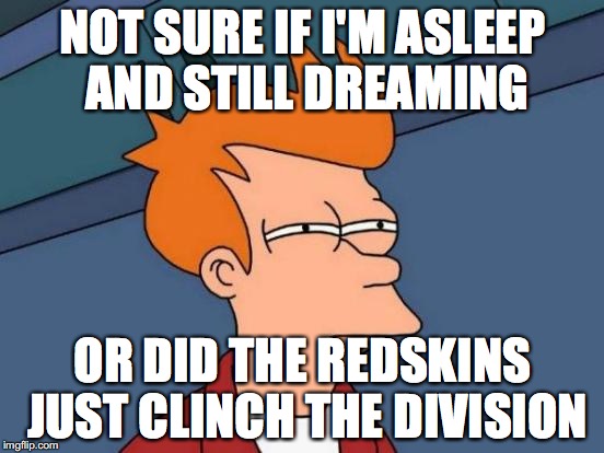 Futurama Fry | NOT SURE IF I'M ASLEEP AND STILL DREAMING OR DID THE REDSKINS JUST CLINCH THE DIVISION | image tagged in memes,futurama fry | made w/ Imgflip meme maker